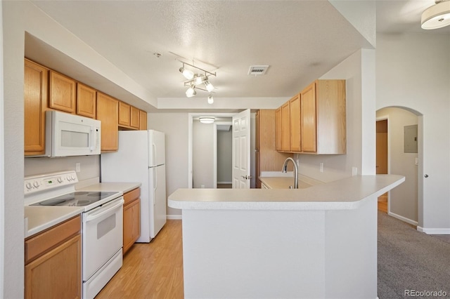 5726 N Genoa Way Unit 301, Aurora, CO 80019 - kitchen featuring white appliances, a peninsula, light countertops, arched walkways, and electric panel