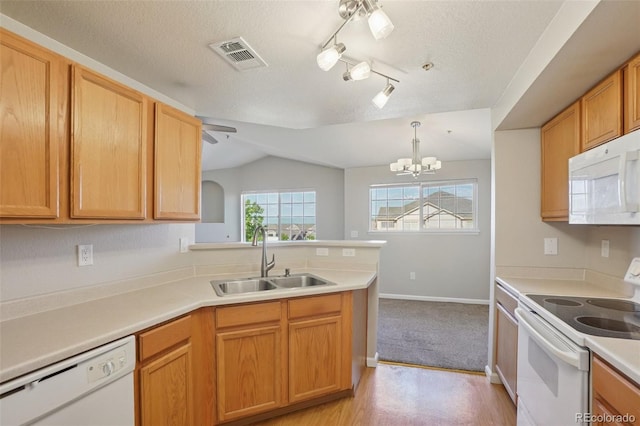 5726 N Genoa Way Unit 301, Aurora, CO 80019 - kitchen featuring white appliances, a peninsula, light countertops, healthy amount of natural light, and a textured ceiling