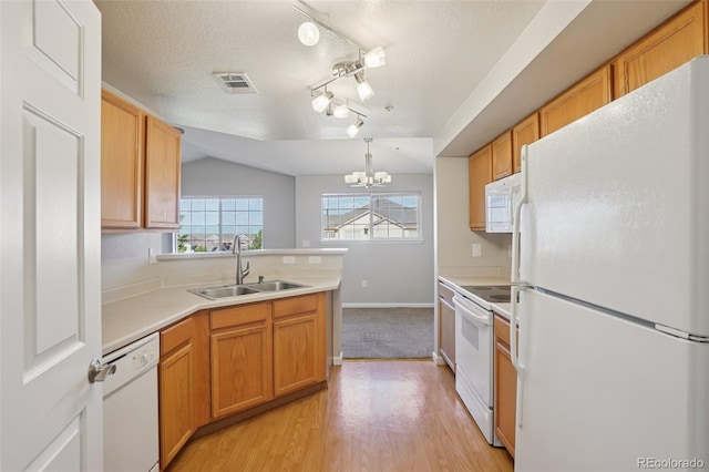 5726 N Genoa Way Unit 301, Aurora, CO 80019 - kitchen featuring white appliances, a peninsula, a chandelier, light countertops, and light wood-style floors