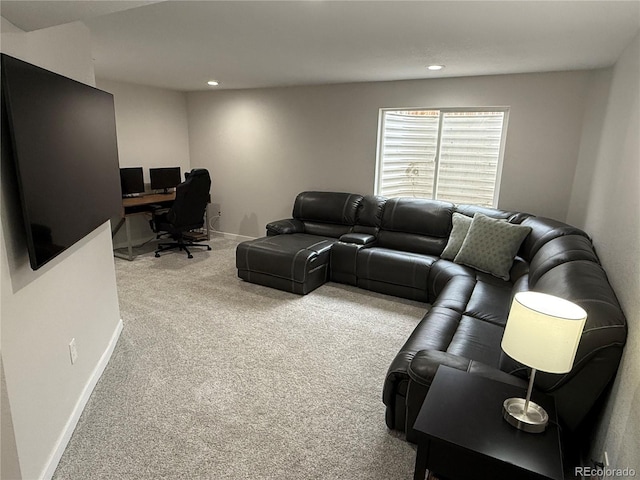 living room with carpet, baseboards, and recessed lighting