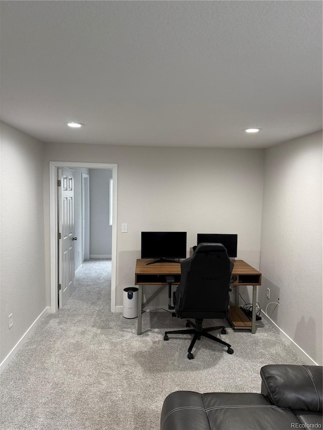 office area with recessed lighting, carpet flooring, and baseboards