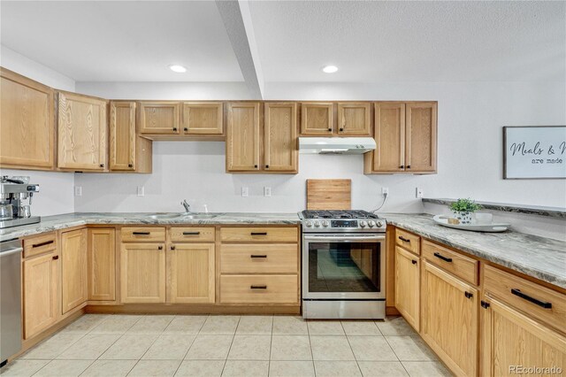 kitchen featuring stainless steel appliances, recessed lighting, a sink, and under cabinet range hood