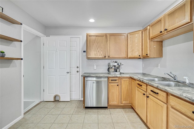 kitchen featuring light tile patterned floors, baseboards, stainless steel dishwasher, open shelves, and a sink