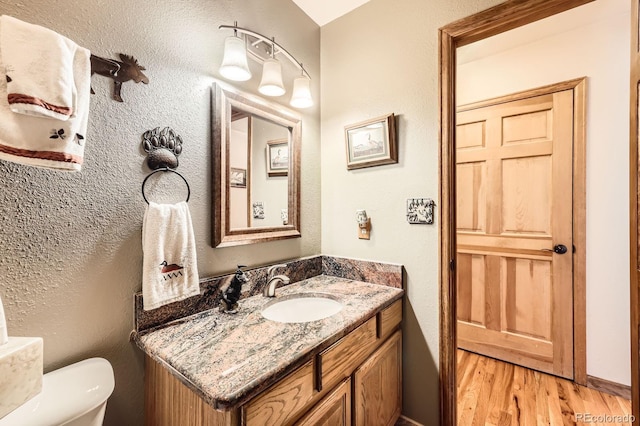 bathroom with vanity, toilet, and wood finished floors