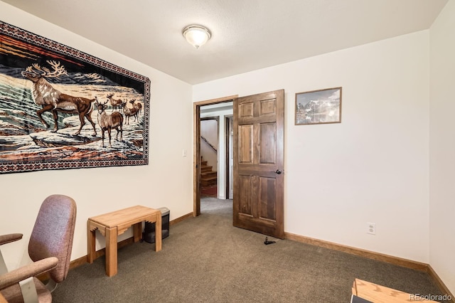 home office with carpet flooring and baseboards
