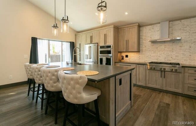 9768 Otis Dr, Westminster, CO 80021 - kitchen featuring baseboards, dark wood-type flooring, wall chimney exhaust hood, a sink, and stainless steel appliances