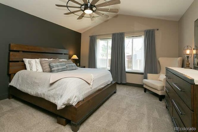 9768 Otis Dr, Westminster, CO 80021 - bedroom featuring light colored carpet, baseboards, ceiling fan, and lofted ceiling