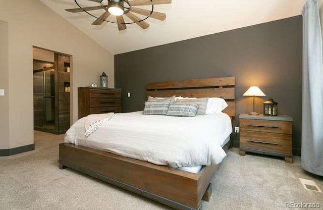 9768 Otis Dr, Westminster, CO 80021 - carpeted bedroom featuring visible vents, a ceiling fan, connected bathroom, and vaulted ceiling