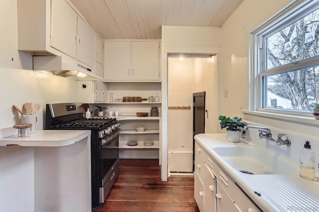 kitchen featuring stainless steel gas range oven, dark wood-style floors, light countertops, white cabinetry, and a sink