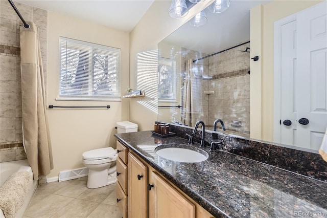 full bathroom with tile patterned flooring, vanity, shower / bath combination with curtain, and toilet