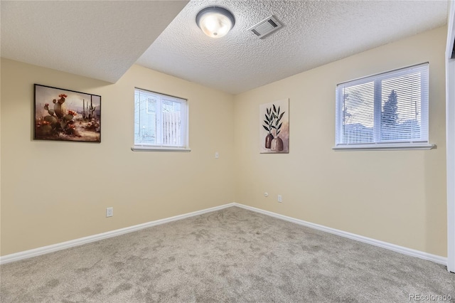 carpeted empty room featuring a healthy amount of sunlight and a textured ceiling