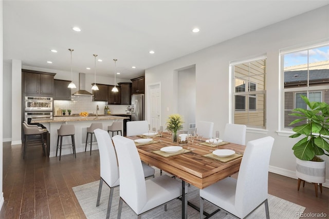 dining room with sink and dark wood-type flooring