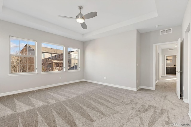 spare room featuring a raised ceiling, light colored carpet, and ceiling fan