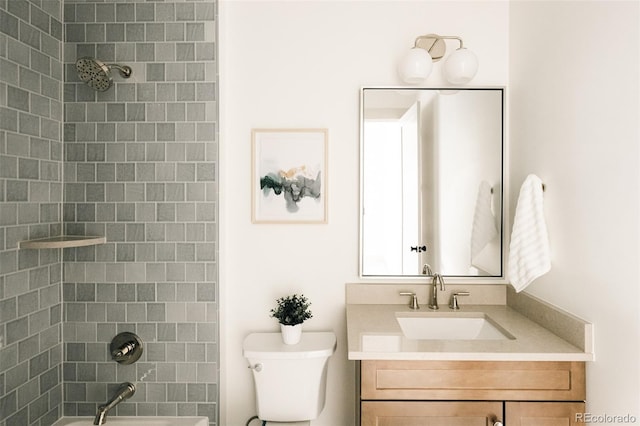 full bath with toilet, vanity, and bathing tub / shower combination