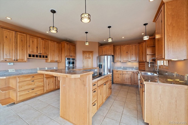 23007 Big Game Trl, Conifer, CO 80433 - kitchen with open shelves, a sink, stainless steel appliances, light tile patterned floors, and recessed lighting