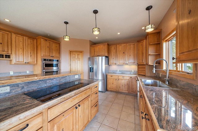 23007 Big Game Trl, Conifer, CO 80433 - kitchen featuring appliances with stainless steel finishes, a sink, open shelves, light tile patterned floors, and decorative light fixtures