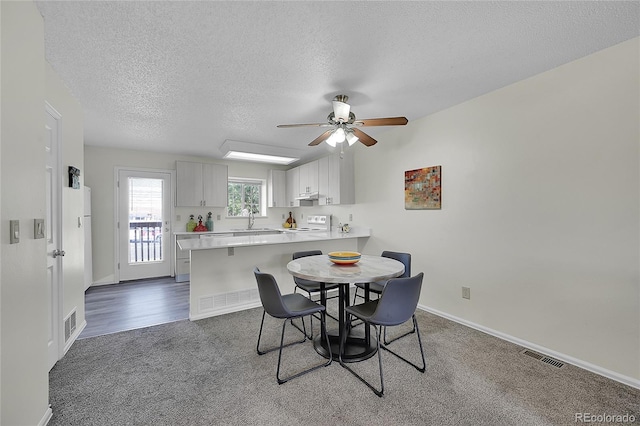 6737 Overland Dr, Colorado Springs, CO 80919 - dining space with baseboards, carpet flooring, visible vents, and a ceiling fan