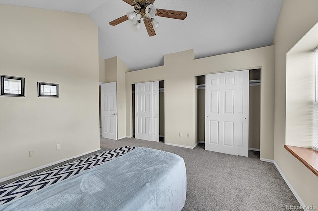 6737 Overland Dr, Colorado Springs, CO 80919 - carpeted bedroom with baseboards, multiple closets, high vaulted ceiling, and a ceiling fan