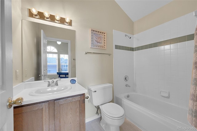 6737 Overland Dr, Colorado Springs, CO 80919 - full bath featuring lofted ceiling, tub / shower combination, toilet, and vanity