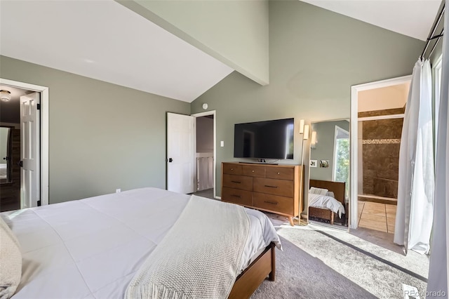7792 Garrison Ct, Arvada, CO 80005 - bedroom featuring carpet, high vaulted ceiling, and ensuite bathroom