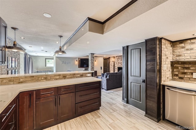 7792 Garrison Ct, Arvada, CO 80005 - kitchen with open floor plan, stainless steel dishwasher, a fireplace, decorative light fixtures, and recessed lighting