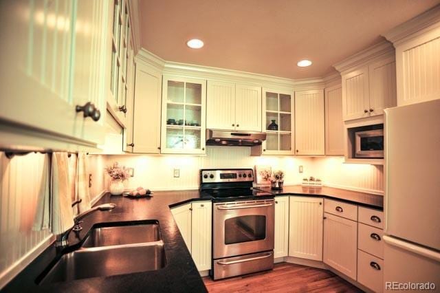 kitchen featuring under cabinet range hood, stainless steel appliances, dark countertops, and a sink