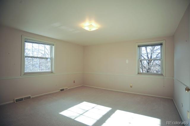 carpeted empty room featuring a wealth of natural light, visible vents, and baseboards