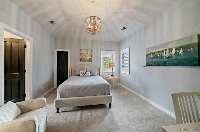 bedroom with carpet, visible vents, baseboards, and a notable chandelier