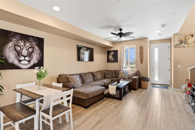 23584 E 5th Pl, Aurora, CO 80018 - living room with visible vents, light wood-style flooring, ceiling fan, and recessed lighting