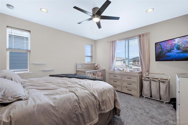 23584 E 5th Pl, Aurora, CO 80018 - bedroom featuring light carpet, ceiling fan, and recessed lighting