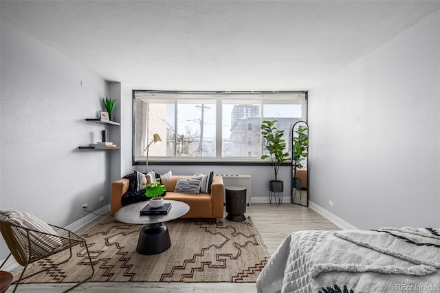 bedroom with light hardwood / wood-style flooring and a textured ceiling