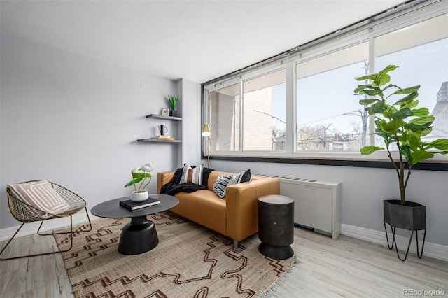 living area with radiator heating unit and light hardwood / wood-style floors