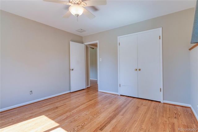815 Hoyt St, Lakewood, CO 80215 - unfurnished bedroom with light wood finished floors, ceiling fan, and a closet