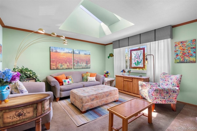 living area with crown molding and a skylight