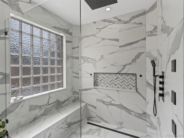 425 Steele St, Denver, CO 80206 - bathroom featuring a marble finish shower and recessed lighting