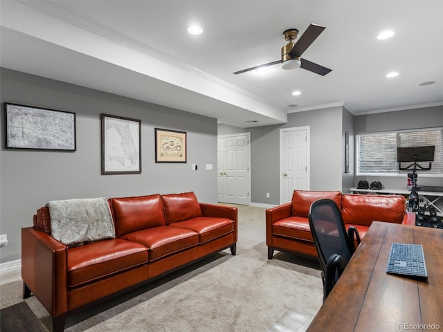 425 Steele St, Denver, CO 80206 - home office featuring crown molding, ceiling fan, recessed lighting, and carpet