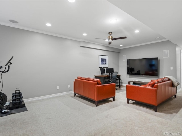 425 Steele St, Denver, CO 80206 - carpeted living room with recessed lighting, crown molding, a ceiling fan, and an office area