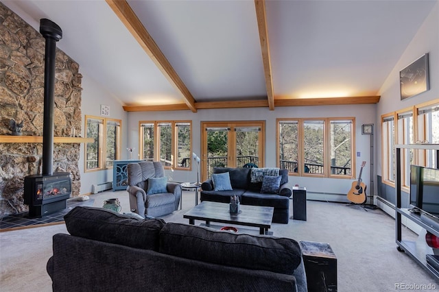 carpeted living room with a baseboard radiator, a baseboard heating unit, baseboards, a wood stove, and beam ceiling