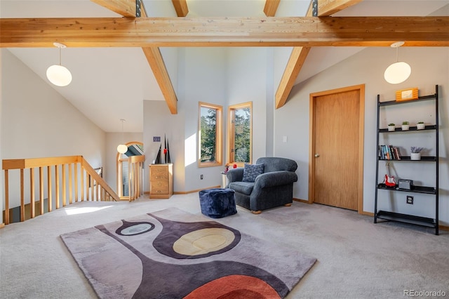 interior space with lofted ceiling with beams