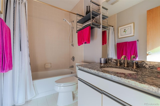 full bathroom with toilet, shower / tub combo with curtain, visible vents, tile patterned floors, and vanity
