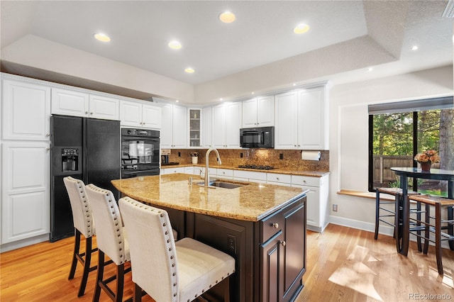 kitchen with black appliances, white cabinetry, sink, a kitchen island with sink, and a tray ceiling