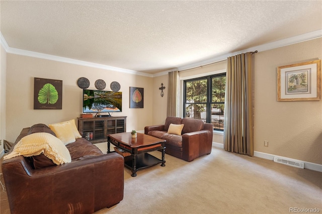 carpeted living room with a textured ceiling and crown molding