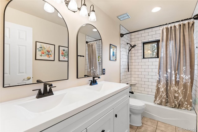 full bathroom featuring toilet, shower / tub combo, tile patterned flooring, and vanity