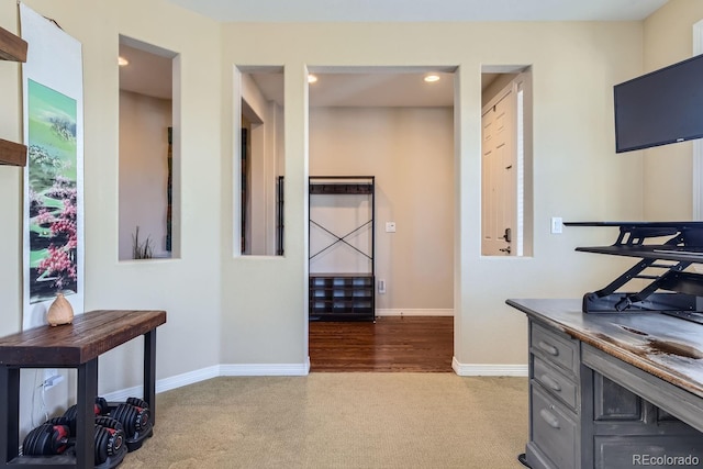 carpeted home office with baseboards and recessed lighting