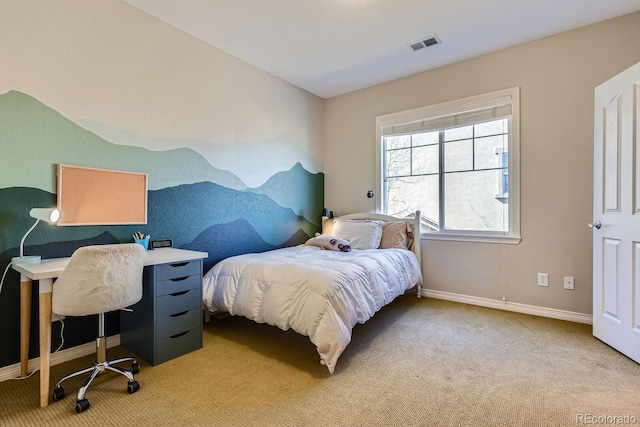 bedroom with light colored carpet, visible vents, and baseboards