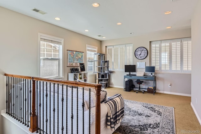 carpeted home office featuring baseboards, visible vents, and recessed lighting