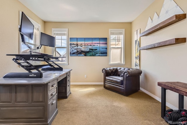 home office with light carpet and baseboards