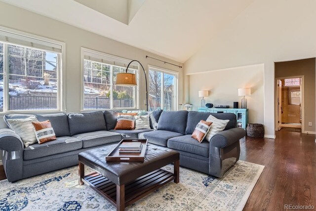 10935 Valleybrook Cir, Highlands Ranch, CO 80130 - living area featuring dark wood-style floors, high vaulted ceiling, and baseboards