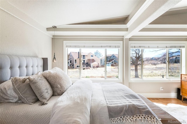 bedroom with vaulted ceiling, multiple windows, wood finished floors, and baseboards