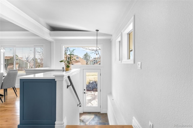 doorway to outside with ornamental molding, a chandelier, wood finished floors, and a textured wall